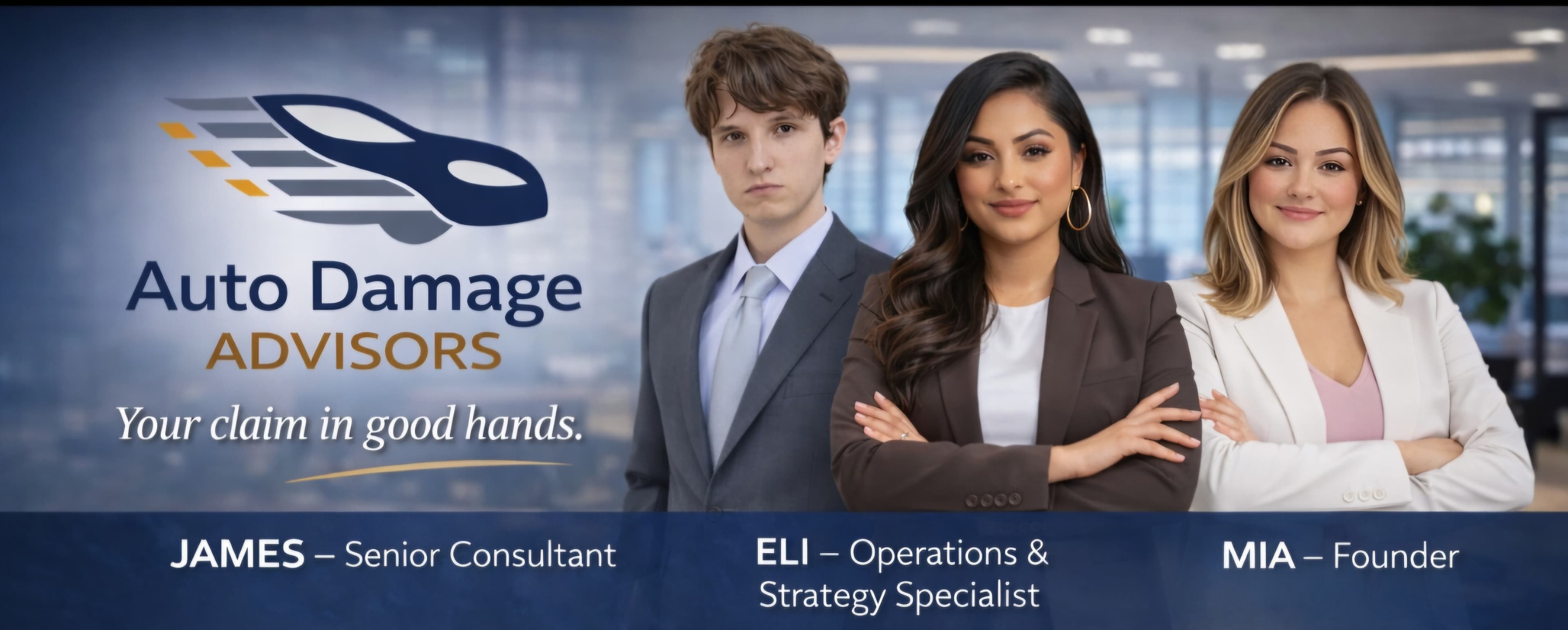 Auto Damage Advisors team — James (Senior Consultant), Eli (Operations & Strategy Specialist), Mia (Founder)